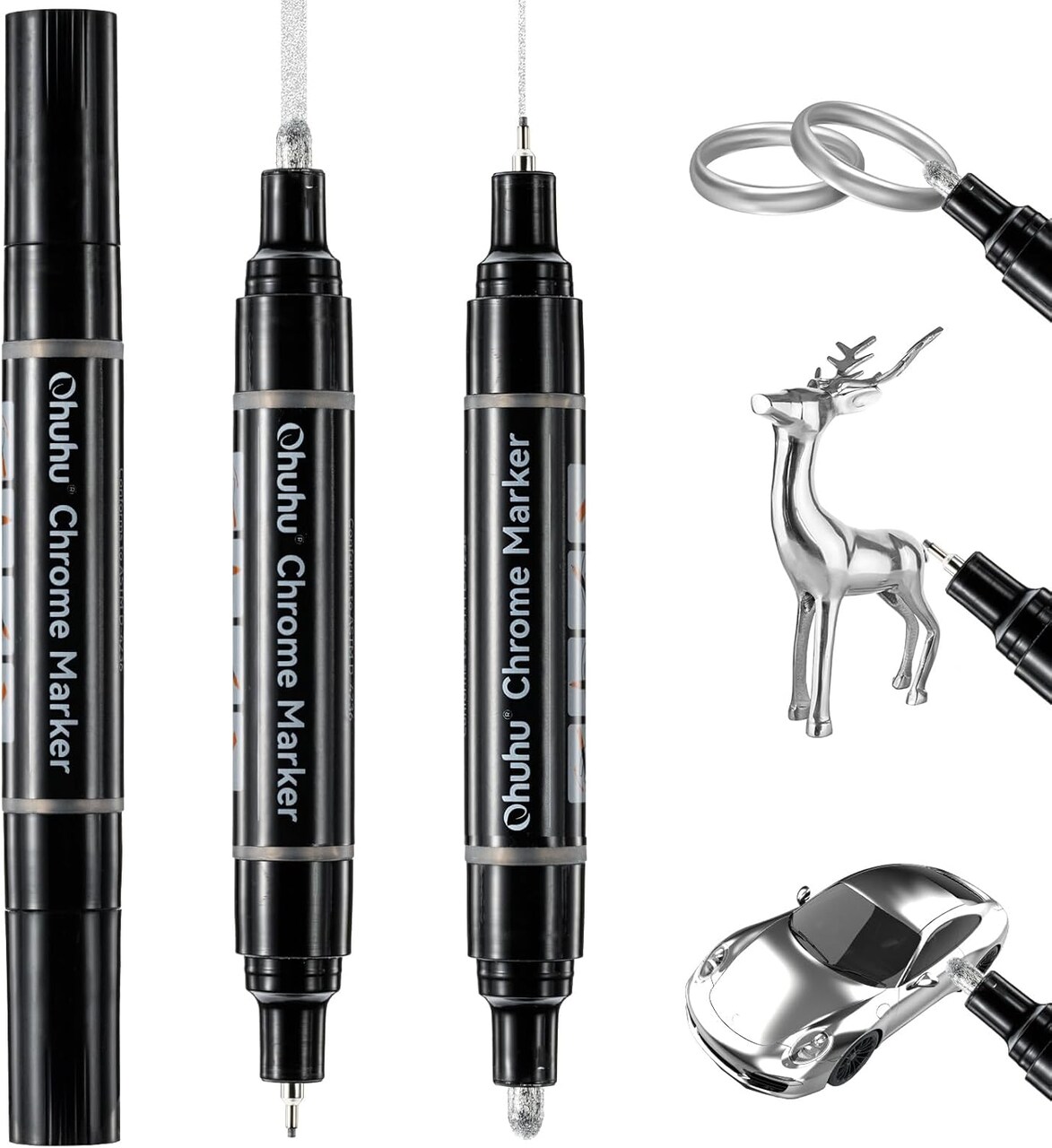 Ohuhu Chrome Paint Pen: Silver Liquid Chrome Markers with Gloss Mirror Water-Proof Lightfast Permanent Paint Markers for Repairing Metal Glass Plastic Car Tire DIY Crafts Models Posters